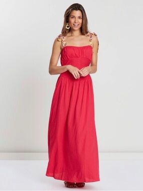 Free People Santorini‎ Coral Pink Pintuck Drop Waist Maxi Dress Linen Blend